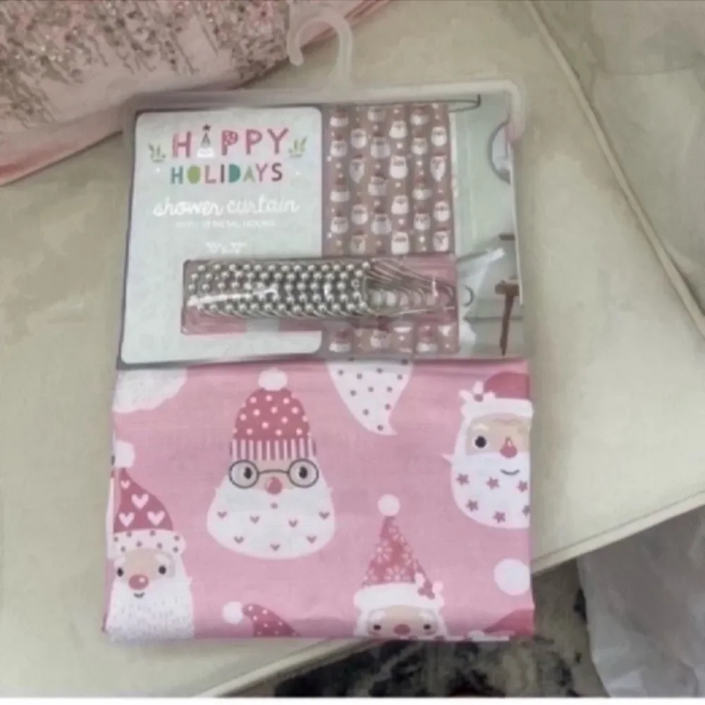 New Pink Santa Shower Curtain with Shower Hooks